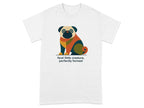 White t-shirt with a colorful geometric pug illustration and text.