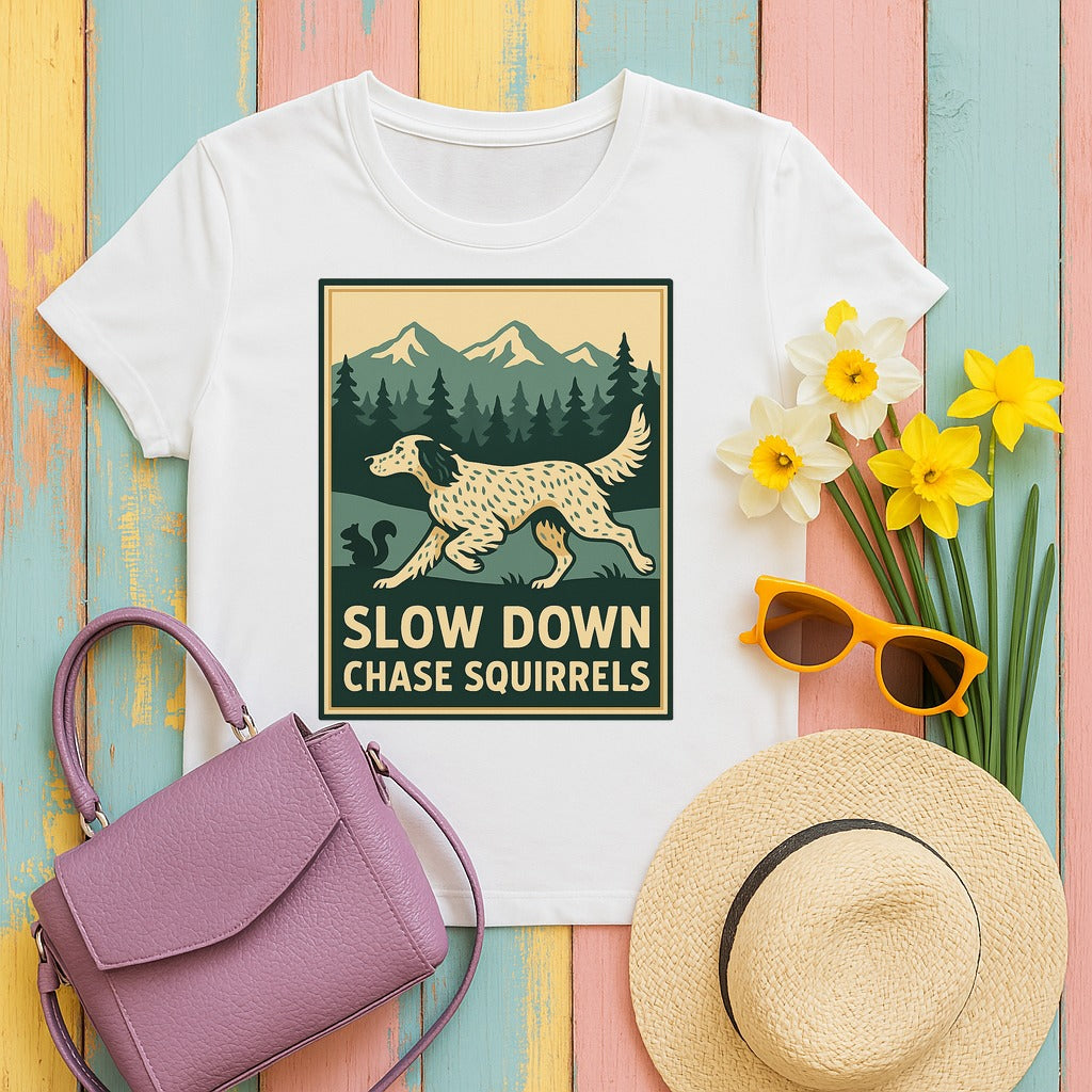 English Setter Chase Squirrels Tee in White