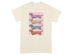 Four dachshunds stacked vertically on a pink striped background.