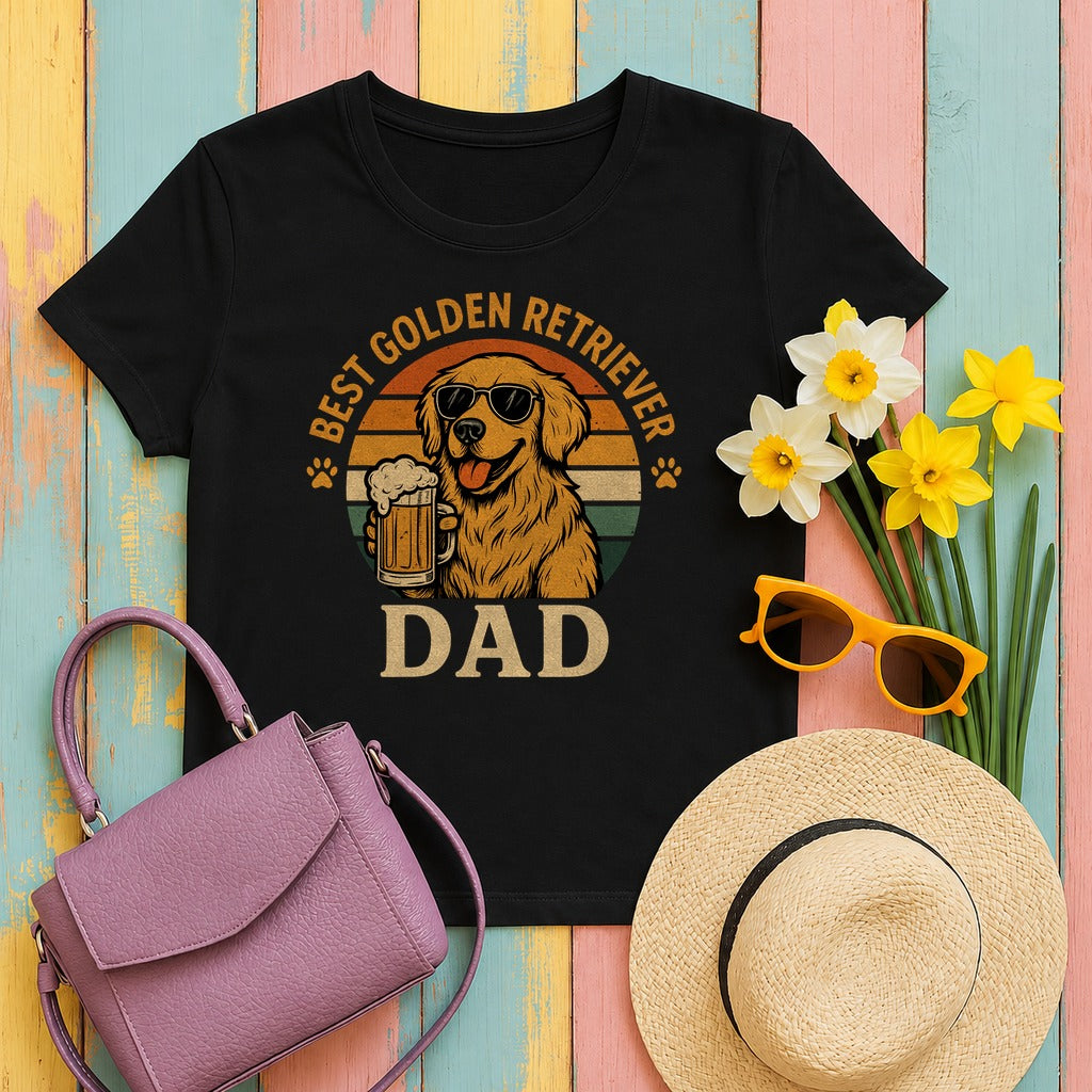 Best Golden Retriever Dad with Beer and Shades T-Shirt in Black