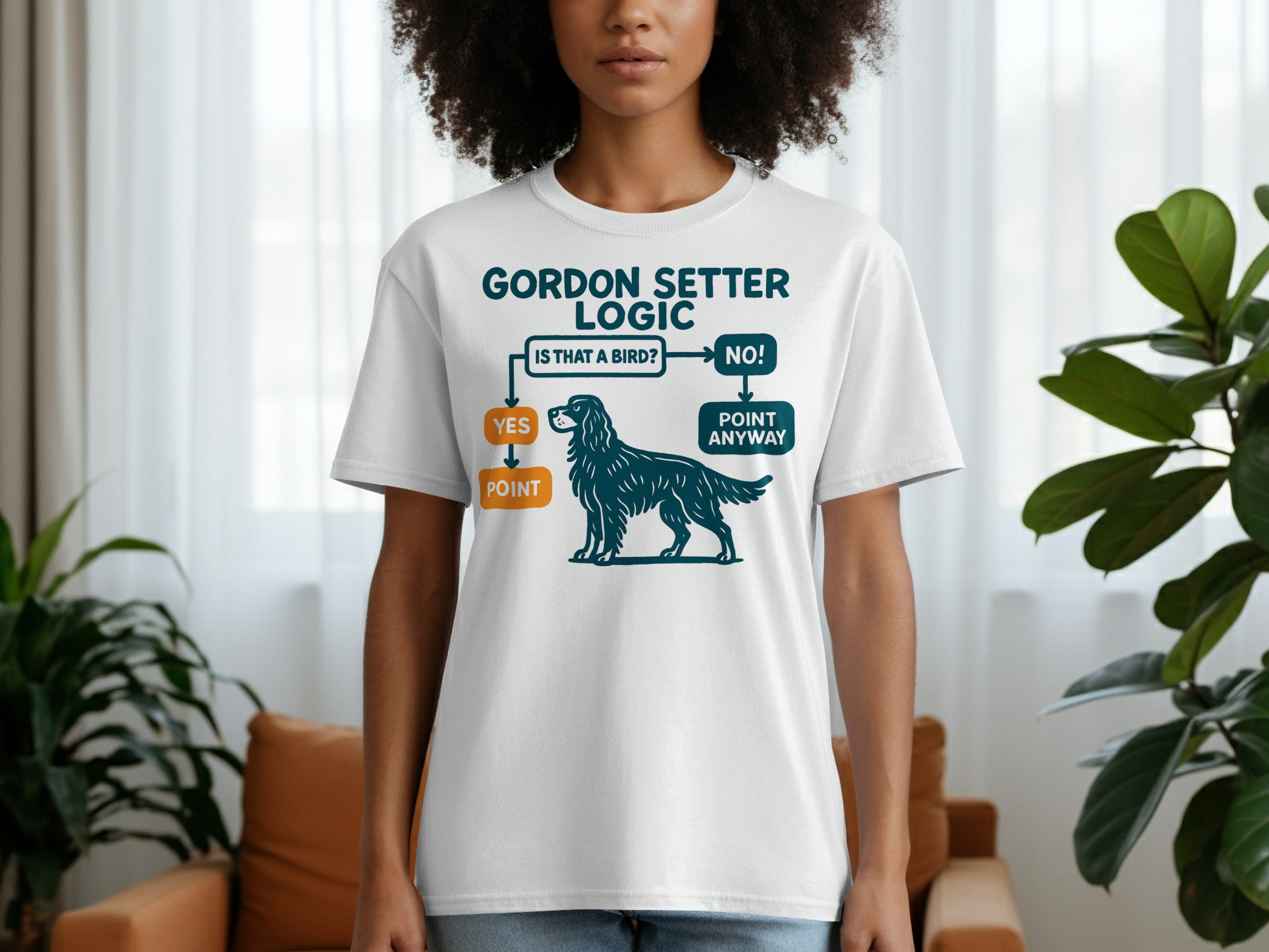 White t-shirt with "Gordon Setter Logic" flowchart: "Is that a bird?" YES/POINT, NO/POINT ANYWAY.