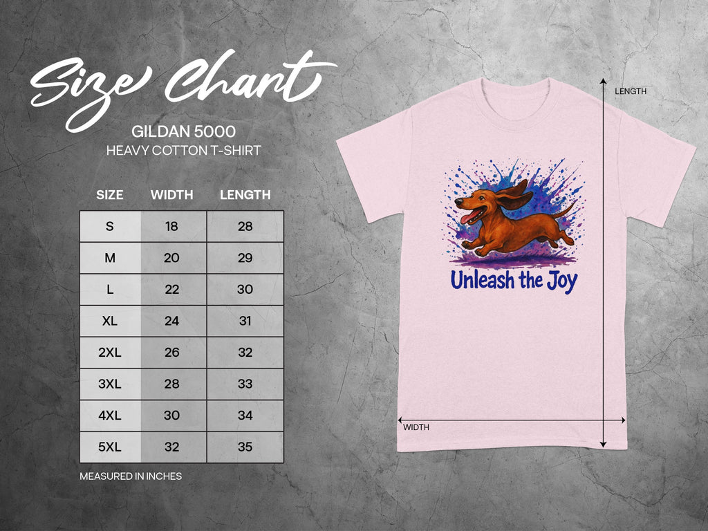 Gildan 5000 t-shirt size chart with measurements for width and length.
