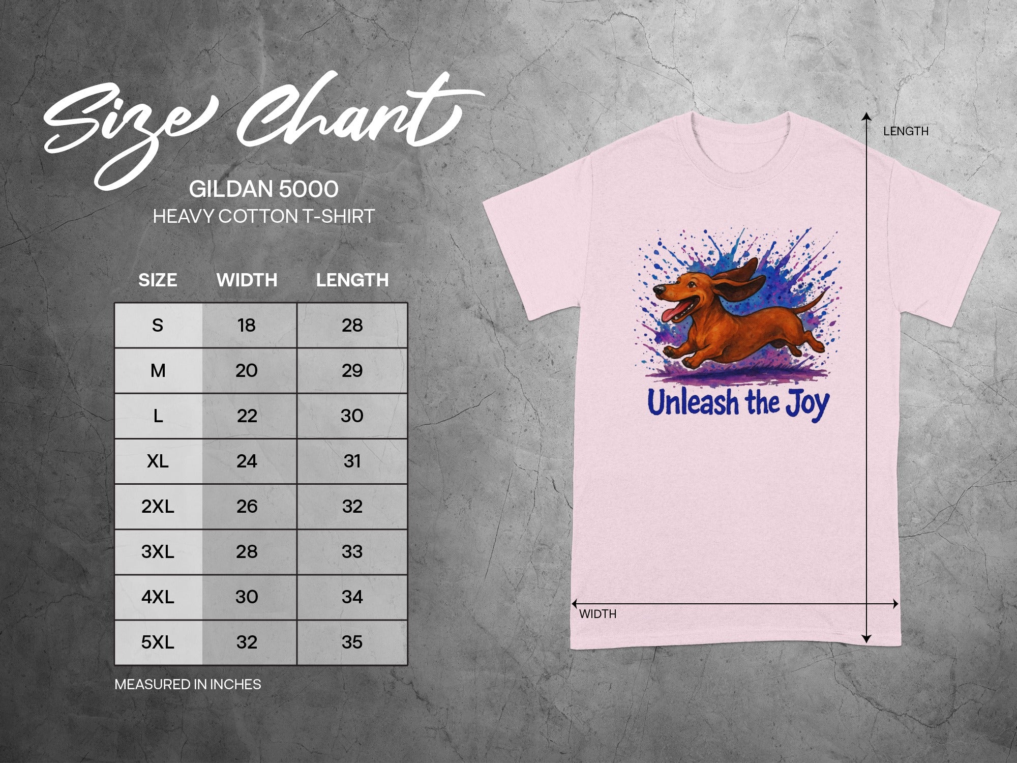 Gildan 5000 t-shirt size chart with measurements for width and length.
