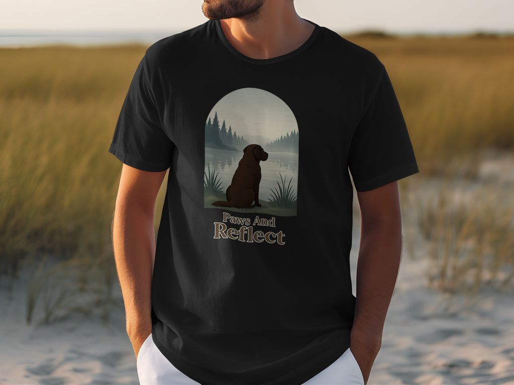 Black t-shirt with brown dog and trees by lake graphic and text "Paws And Reflect".
