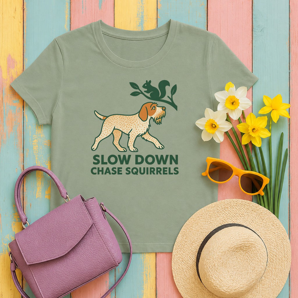 Spinone Italiano Slow Down Chase Squirrels Tee in Sage