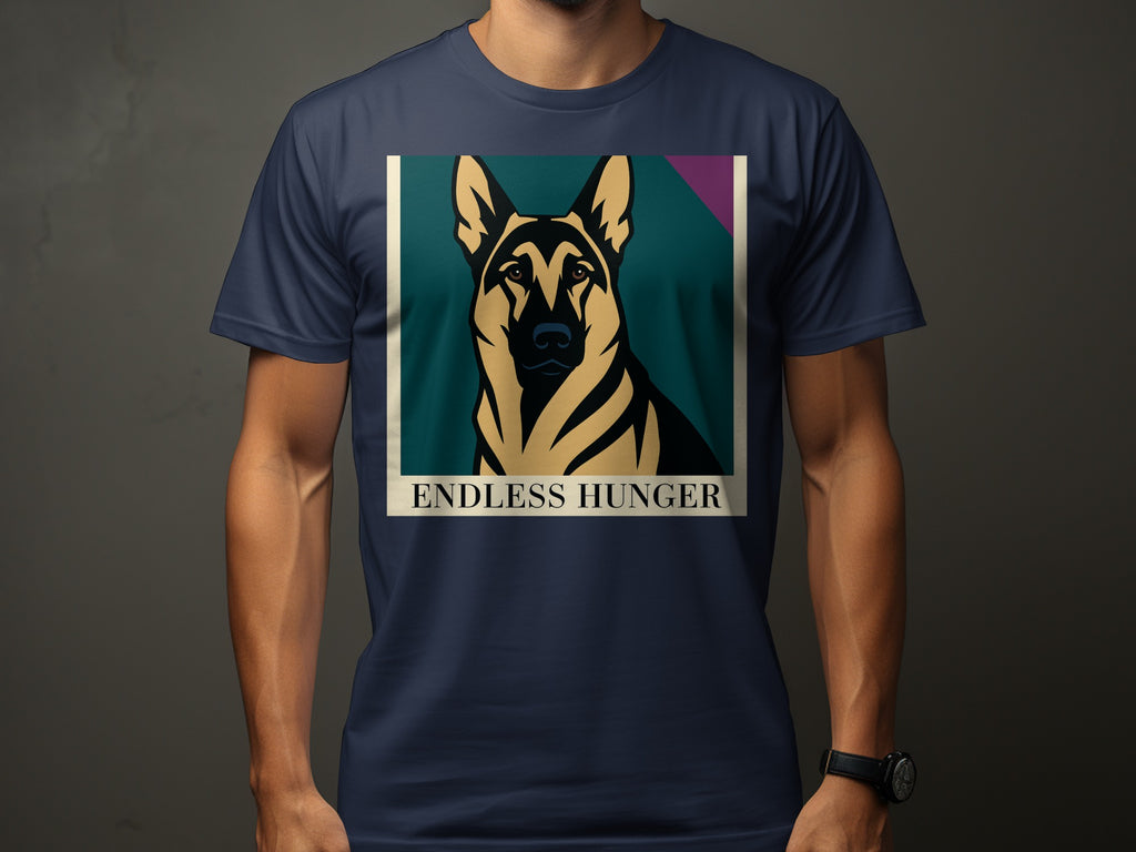 German Shepherd graphic with text "Endless Hunger" on a dark blue t-shirt.