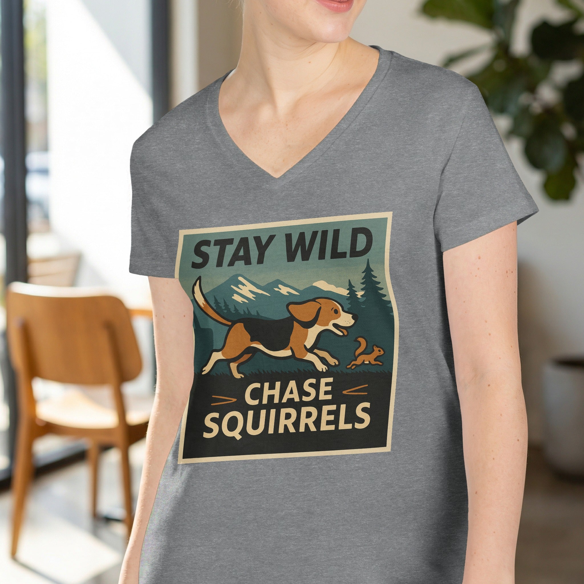 Grey t-shirt with "Stay Wild Chase Squirrels" text and a beagle chasing a squirrel.