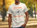 White t-shirt with "Nose Down," "Target Locked," and dog in crosshairs.