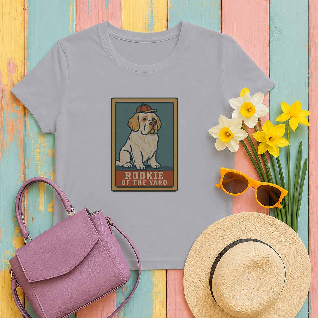 clumber spaniel rookie-card tee flat lay hero