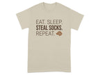 Tan t-shirt with "EAT. SLEEP. STEAL SOCKS. REPEAT." and a dog icon.