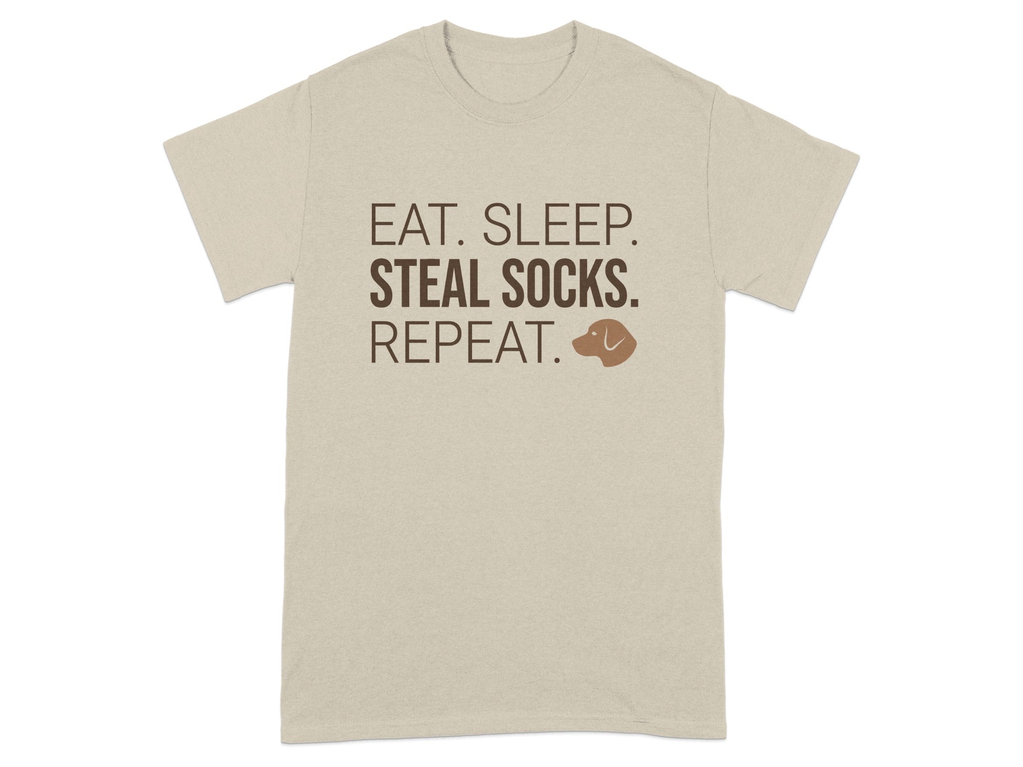 Tan t-shirt with "EAT. SLEEP. STEAL SOCKS. REPEAT." and a dog icon.