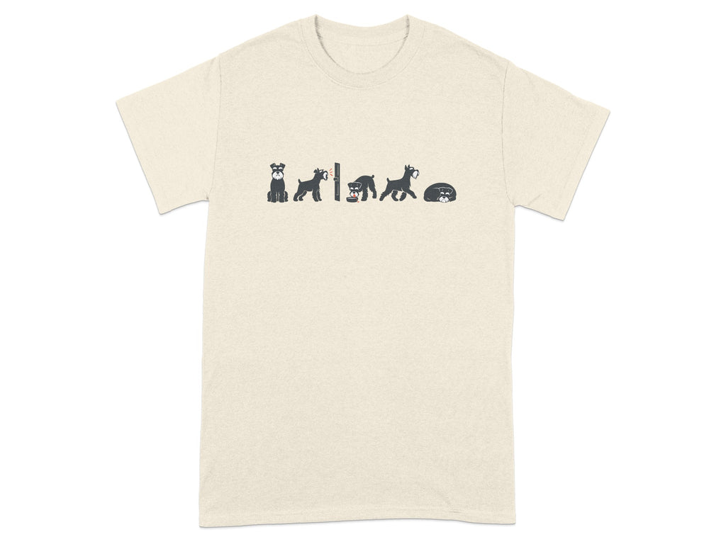 Cream t-shirt with a charcoal graphic of a schnauzer's evolution.