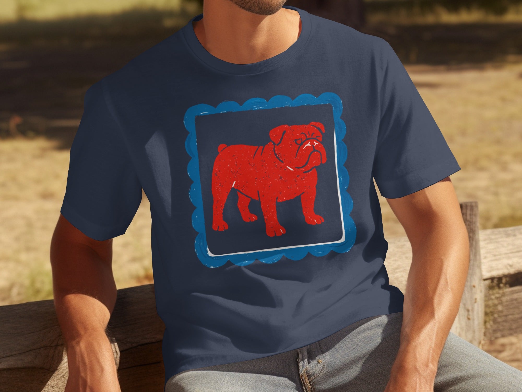 Red Bulldog Graphic on Navy Blue T-Shirt Design