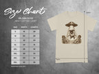 Gildan 5000 Heavy Cotton T-Shirt size chart with pug alien abduction graphic.