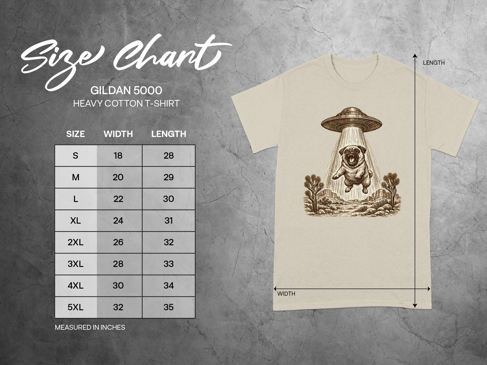 Gildan 5000 Heavy Cotton T-Shirt size chart with pug alien abduction graphic.