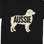 Black t-shirt with silhouette dog and "Aussie" text graphic.