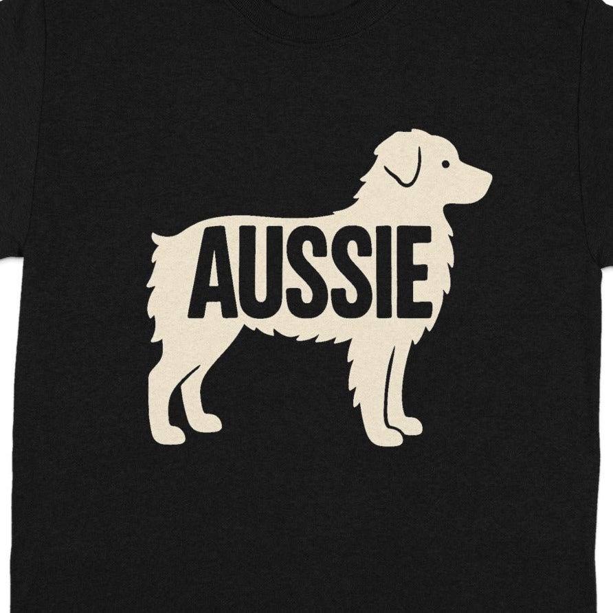 Black t-shirt with silhouette dog and "Aussie" text graphic.