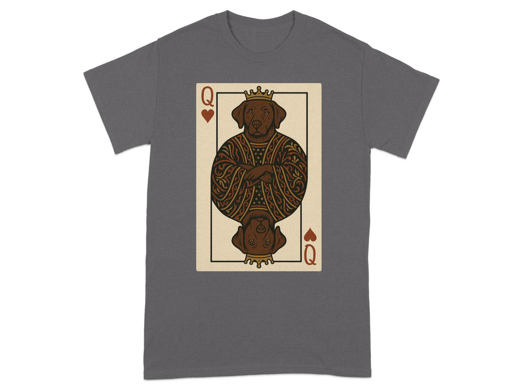Queen of hearts playing card with a chocolate lab dog wearing a crown and patterned robe.