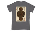 Queen of hearts playing card with a chocolate lab dog wearing a crown and patterned robe.