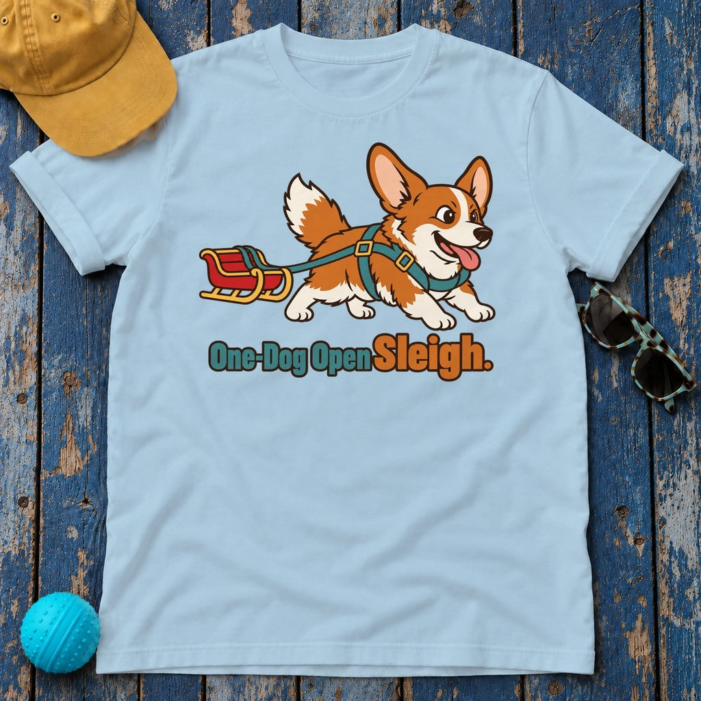 One Dog Open Sleigh Corgi T-Shirt — Light Blue