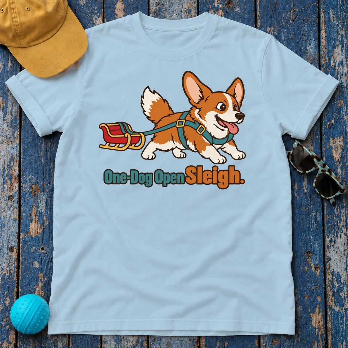One Dog Open Sleigh Corgi T-Shirt — Light Blue