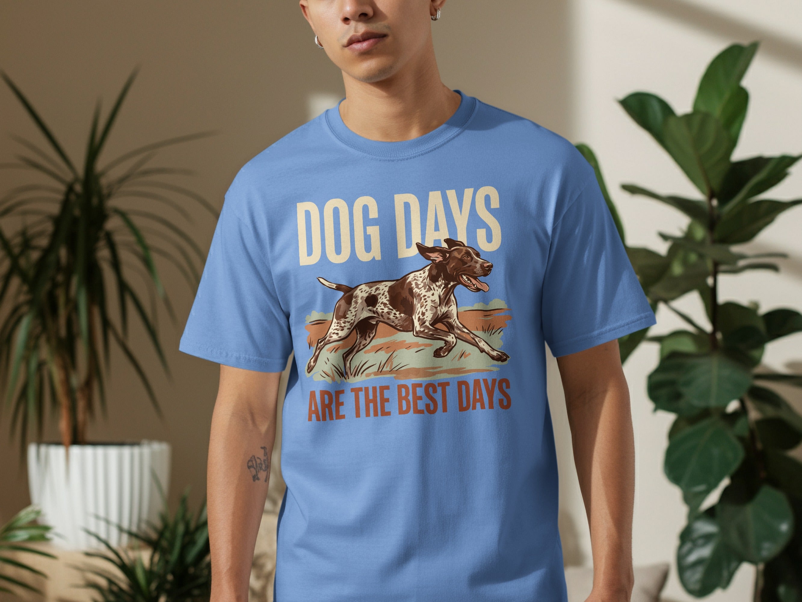 Blue t-shirt with "DOG DAYS ARE THE BEST DAYS" and a running dog graphic.