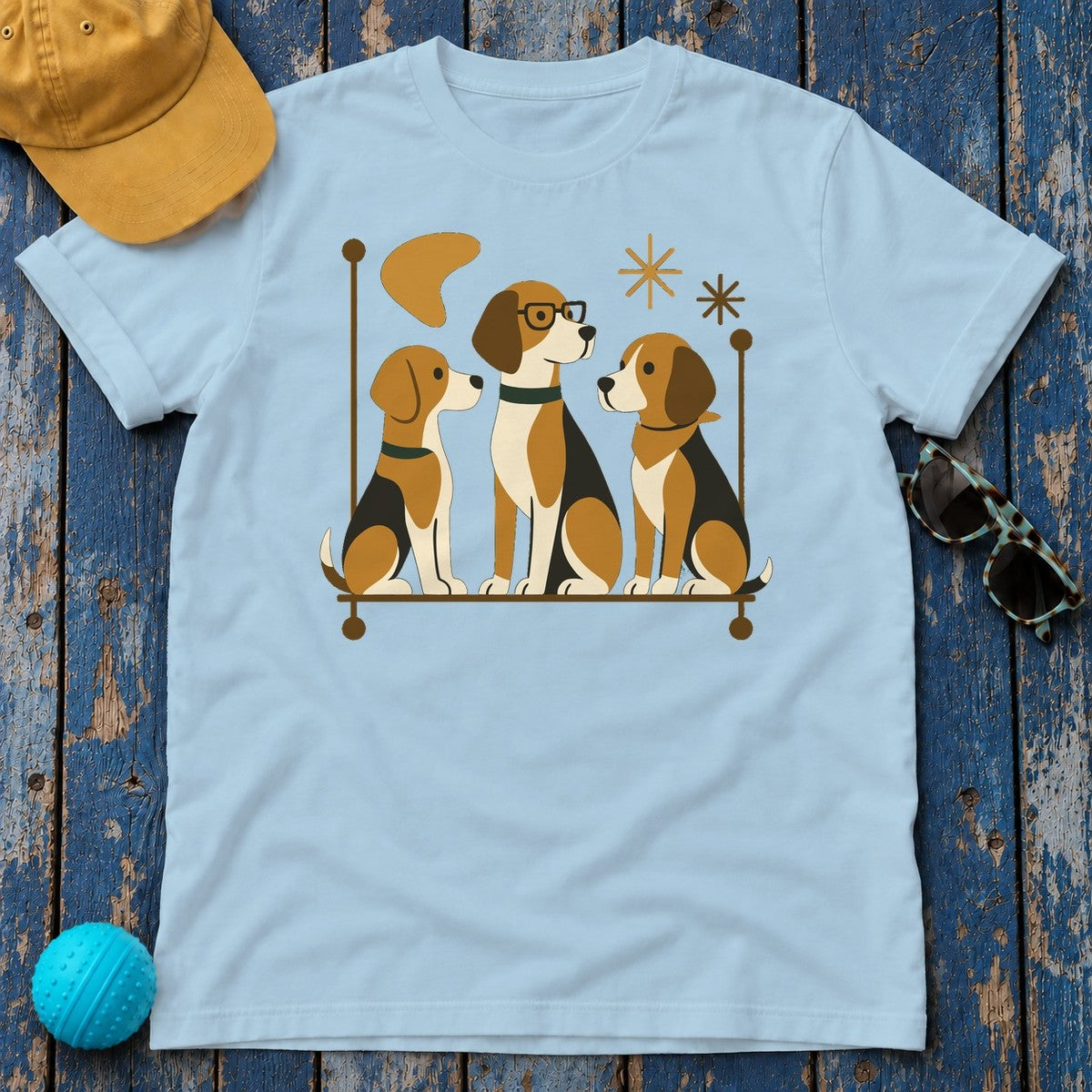 Mid-Century Beagle Trio T-shirt in Light Blue