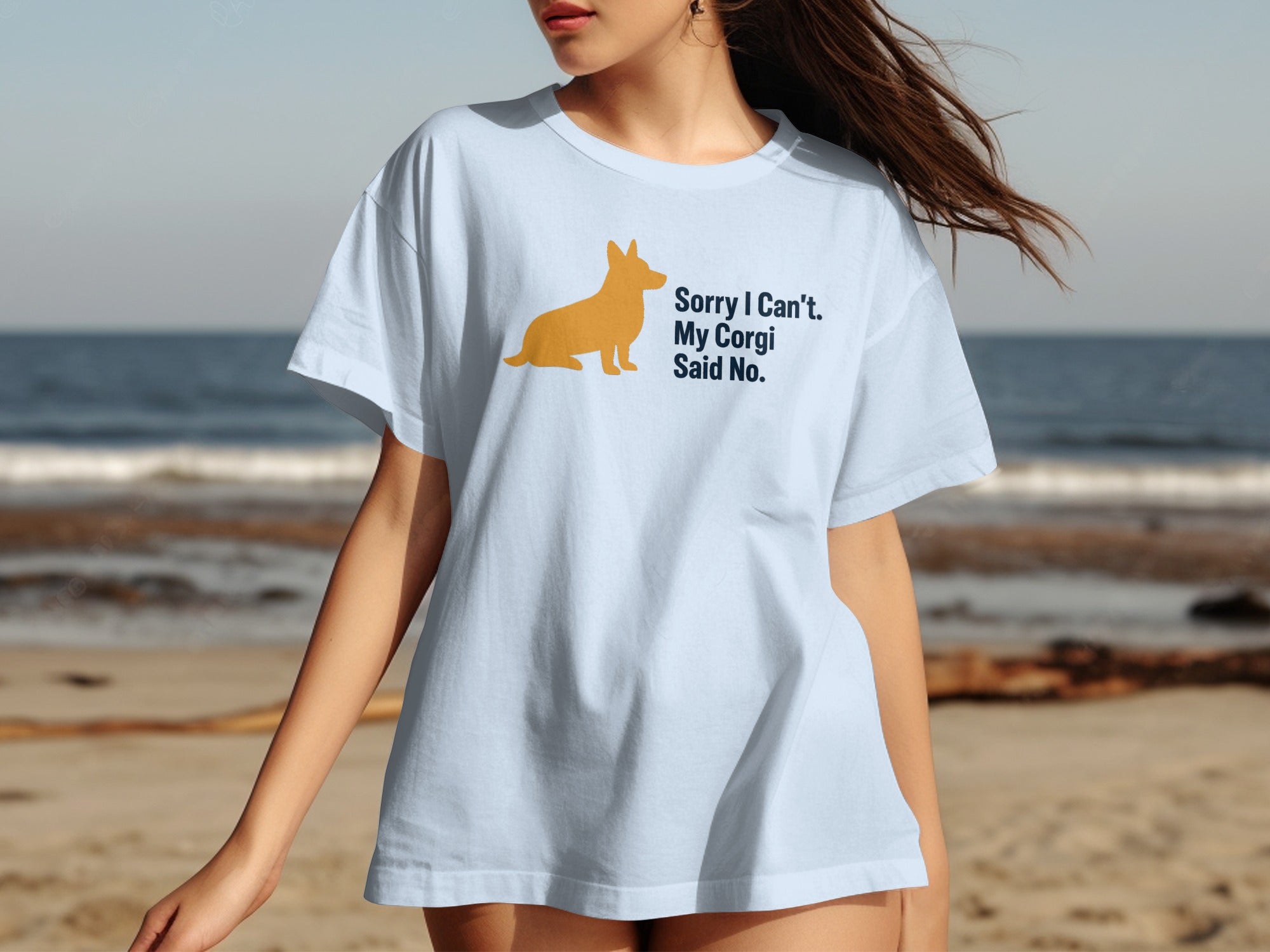Light blue t-shirt with orange corgi silhouette and blue text "Sorry I Can't. My Corgi Said No."