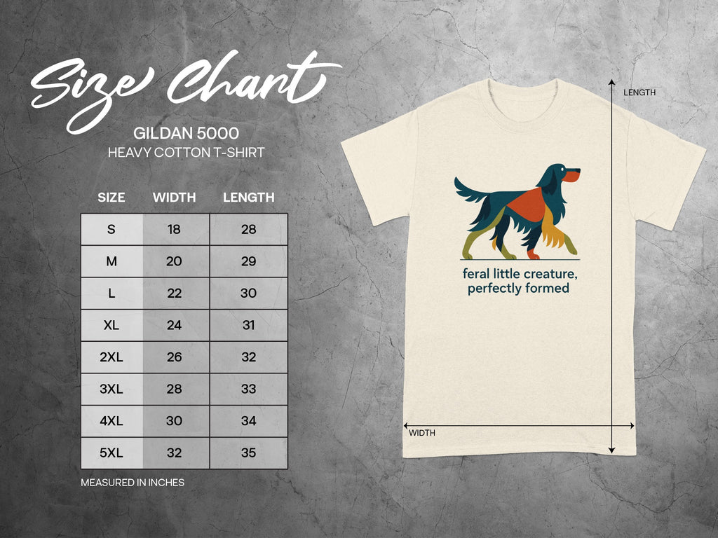 Gildan 5000 size chart for heavy cotton t-shirts with a dog graphic.