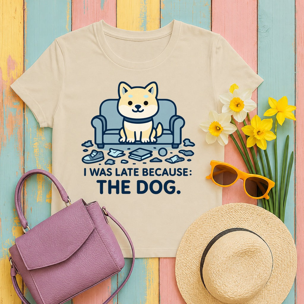 I Was Late Because The Dog Shiba T-Shirt in Sand