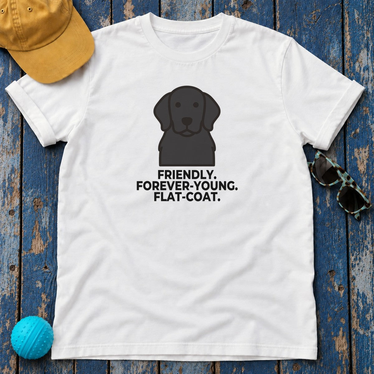 Friendly. Forever-Young. Flat-Coat. Flat-Coated Retriever T-Shirt in White