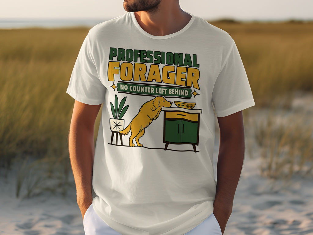 White t-shirt with "PROFESSIONAL FORAGER NO COUNTER LEFT BEHIND" text and dog graphic.