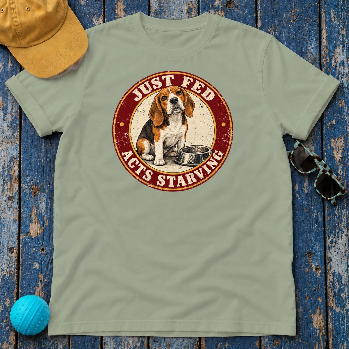 Just Fed Acts Starving Beagle T-Shirt in Sage - flat lay
