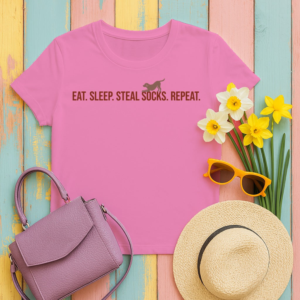 Eat Sleep Steal Socks Repeat. Lab T-shirt. in Azalea