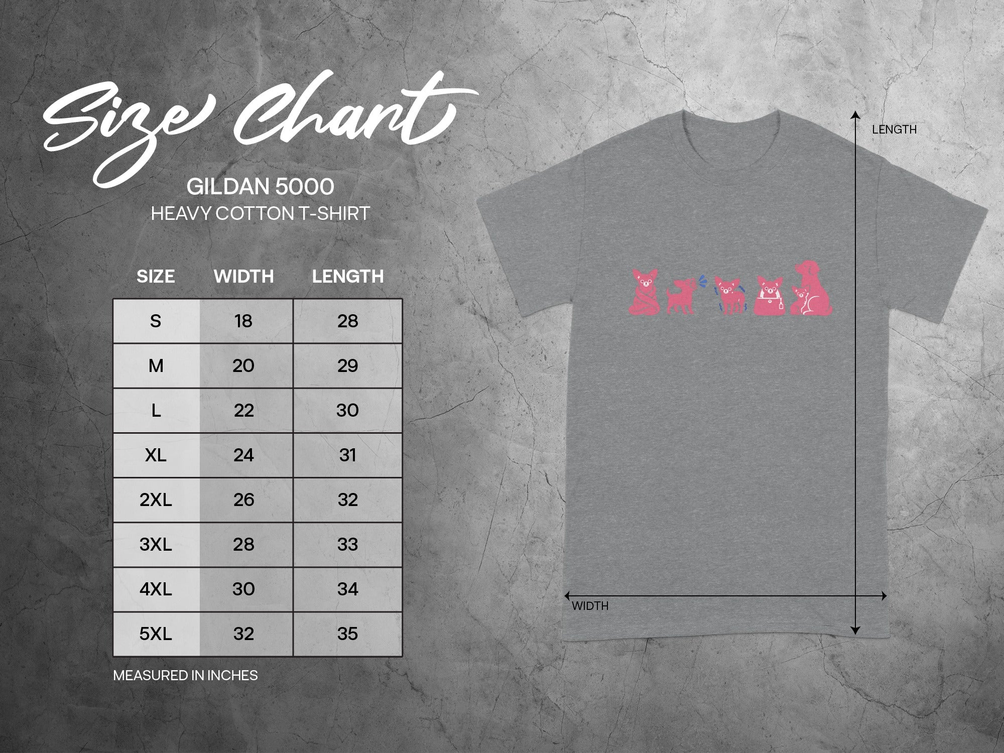 Gildan 5000 Heavy Cotton T-Shirt size chart in inches.
