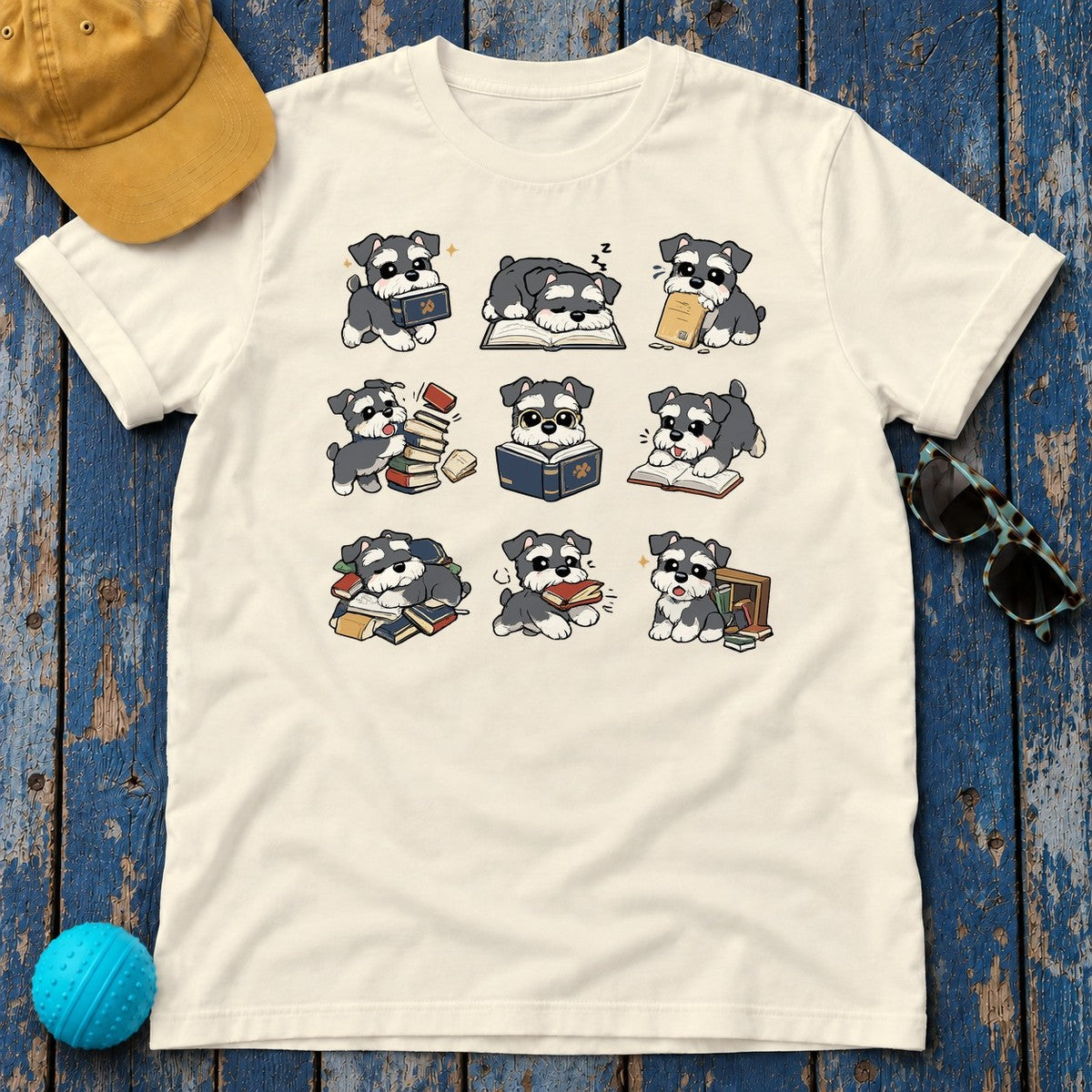Schnauzer Bookworm Adventures T-Shirt in Natural