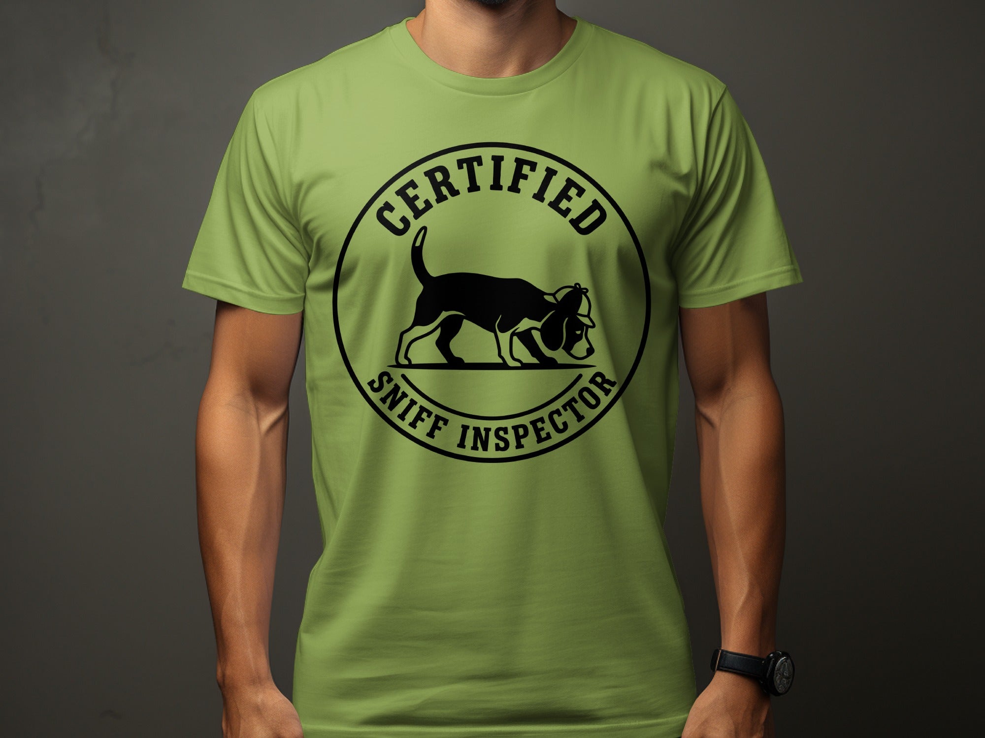 T-shirt with black circular logo: "Certified Sniff Inspector" and silhouette of dog.