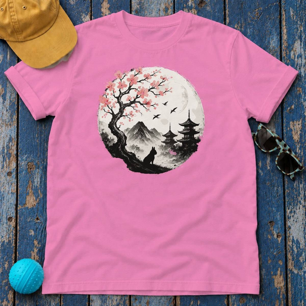 Zen Japanese Scene With French Bulldog Silhouette T-Shirt in Azalea
