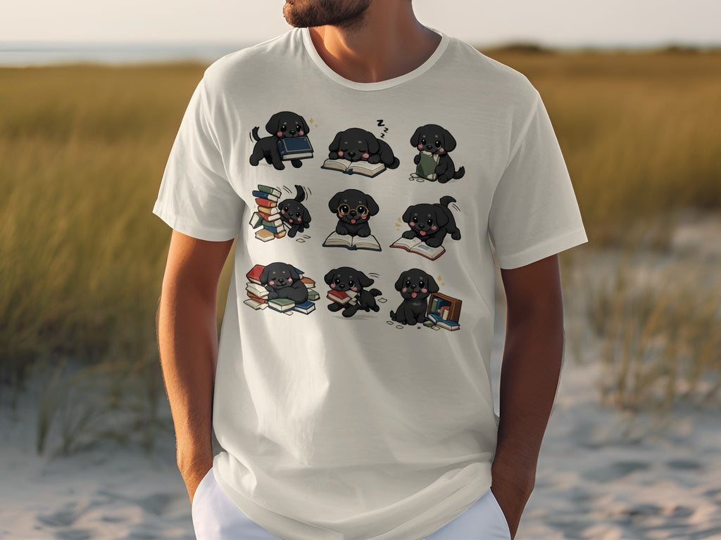 T-shirt with nine cartoon black puppies interacting with books on a white background.