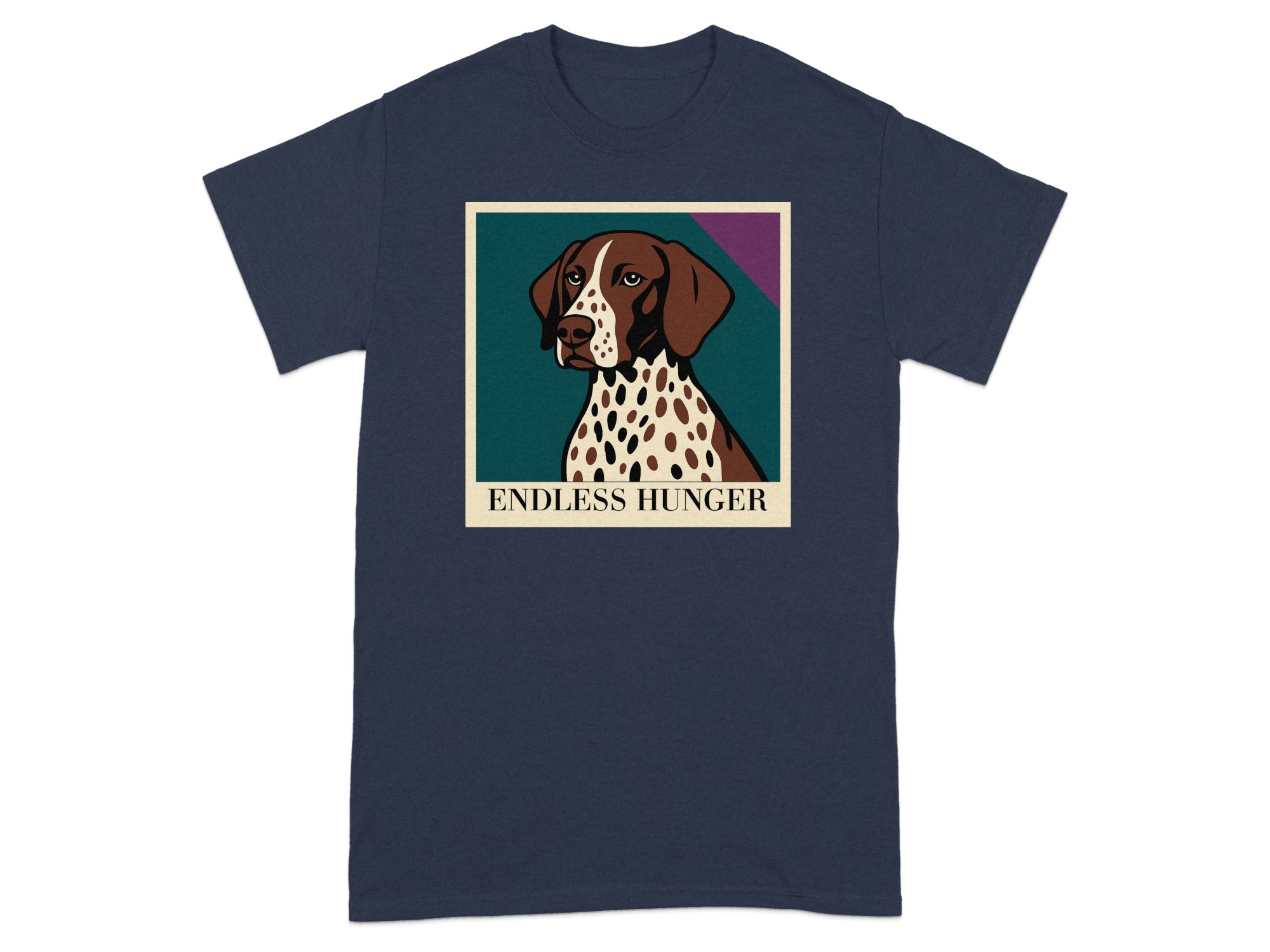 T-shirt with vintage-style German Shorthaired Pointer portrait and "ENDLESS HUNGER" text