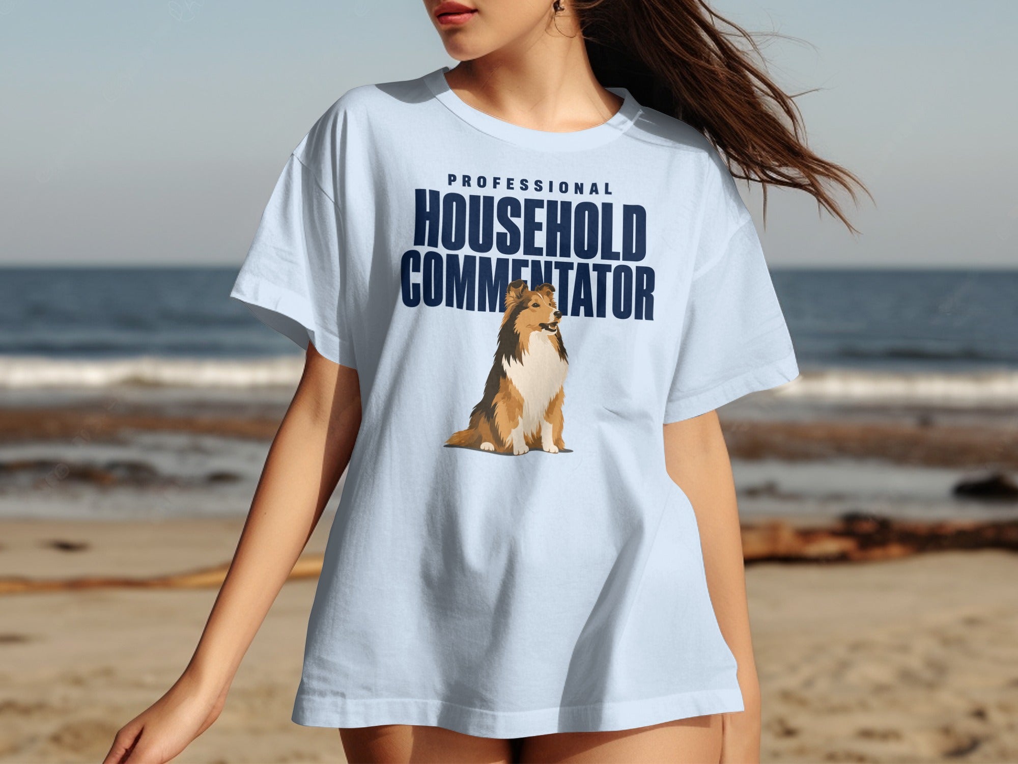 Light blue t-shirt with "PROFESSIONAL HOUSEHOLD COMMENTATOR" and a dog graphic.