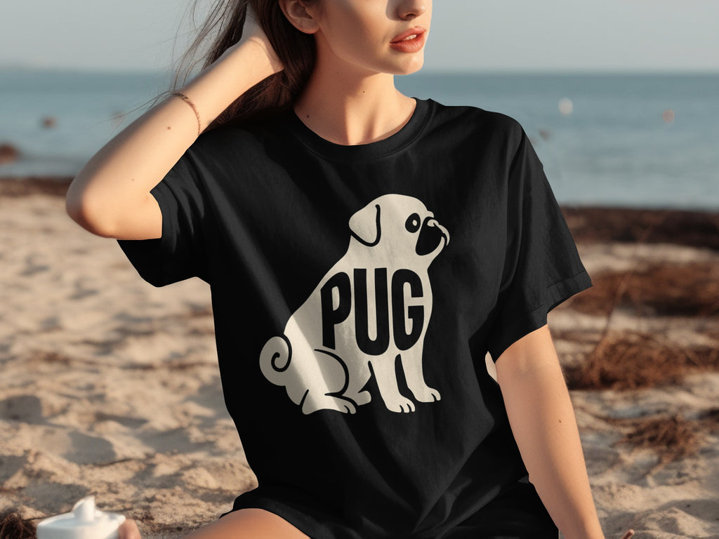 Black t-shirt with a white pug graphic and the word "PUG" on the chest.