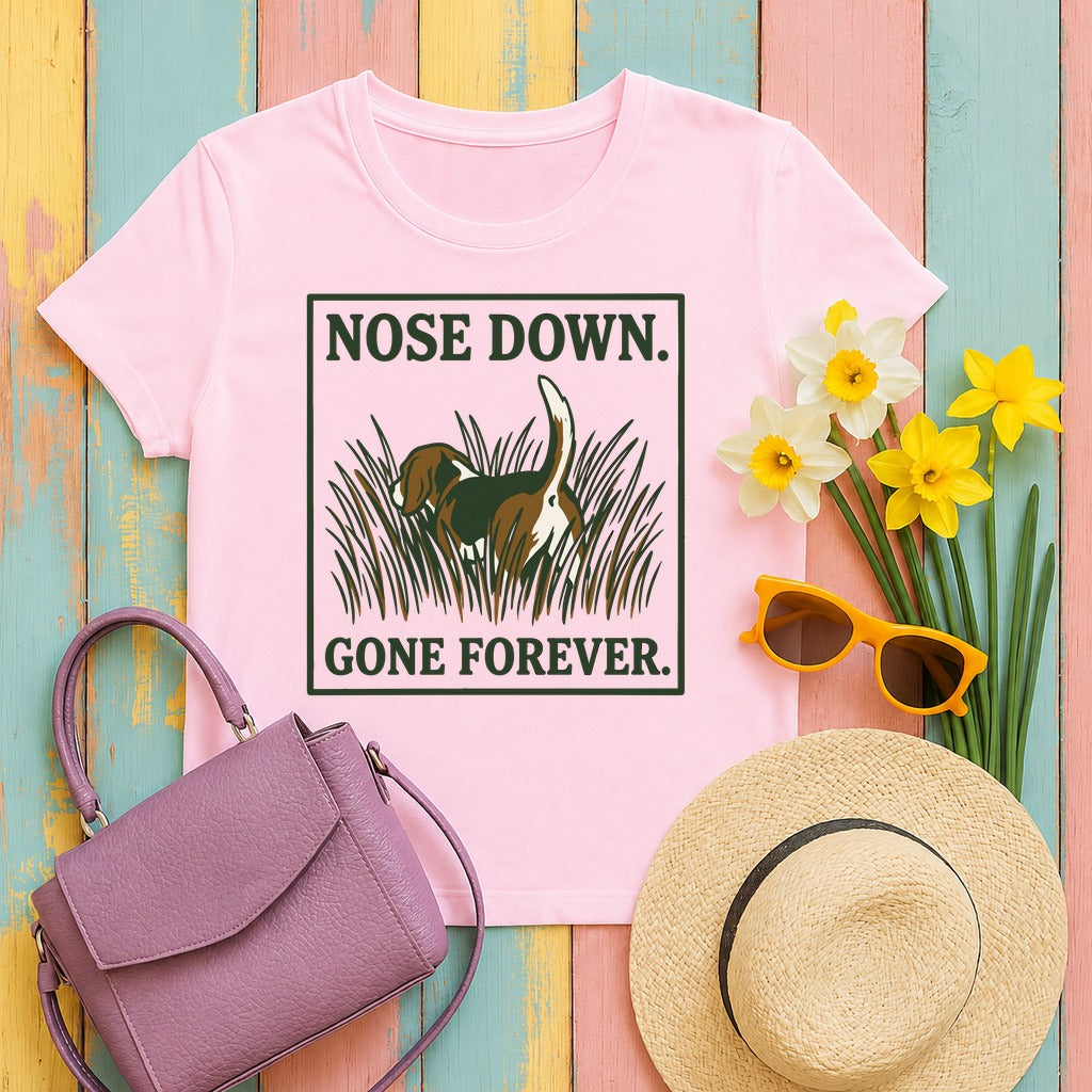 Nose Down, Gone Forever Beagle T-Shirt in Light Pink
