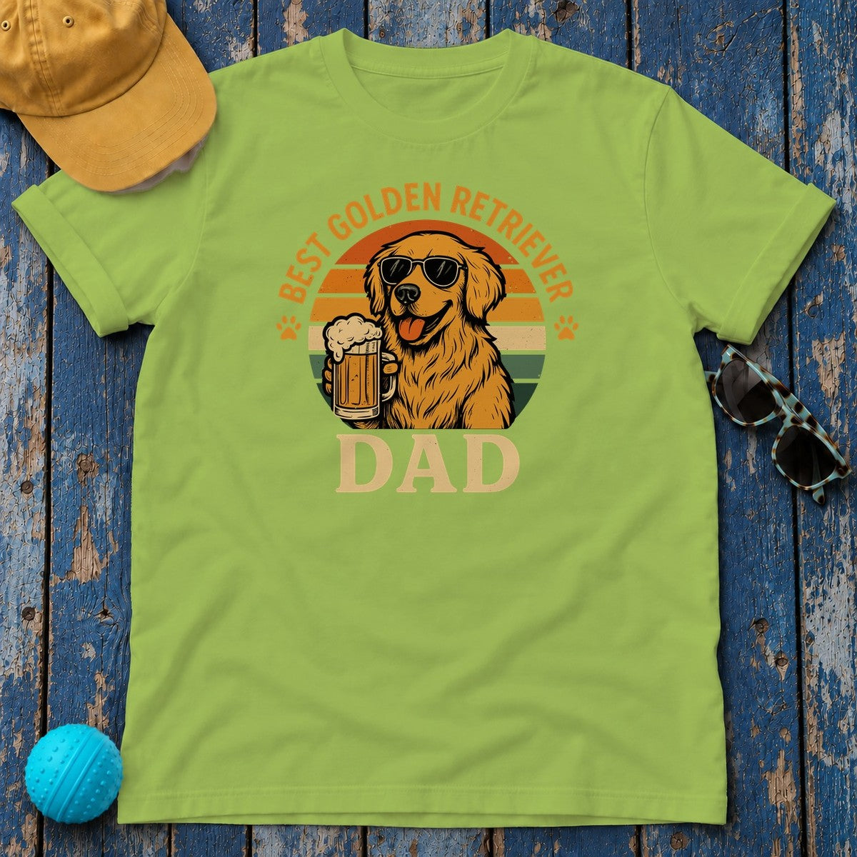 Best Golden Retriever Dad with Beer and Shades T-Shirt in Kiwi