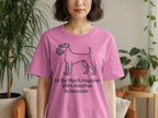 Pink t-shirt with a black line illustration of a Schnauzer and text "I'd Be Much Happier With Another Schnauzer."