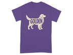 Purple t-shirt with Golden Retriever silhouette and text "GOLDEN".