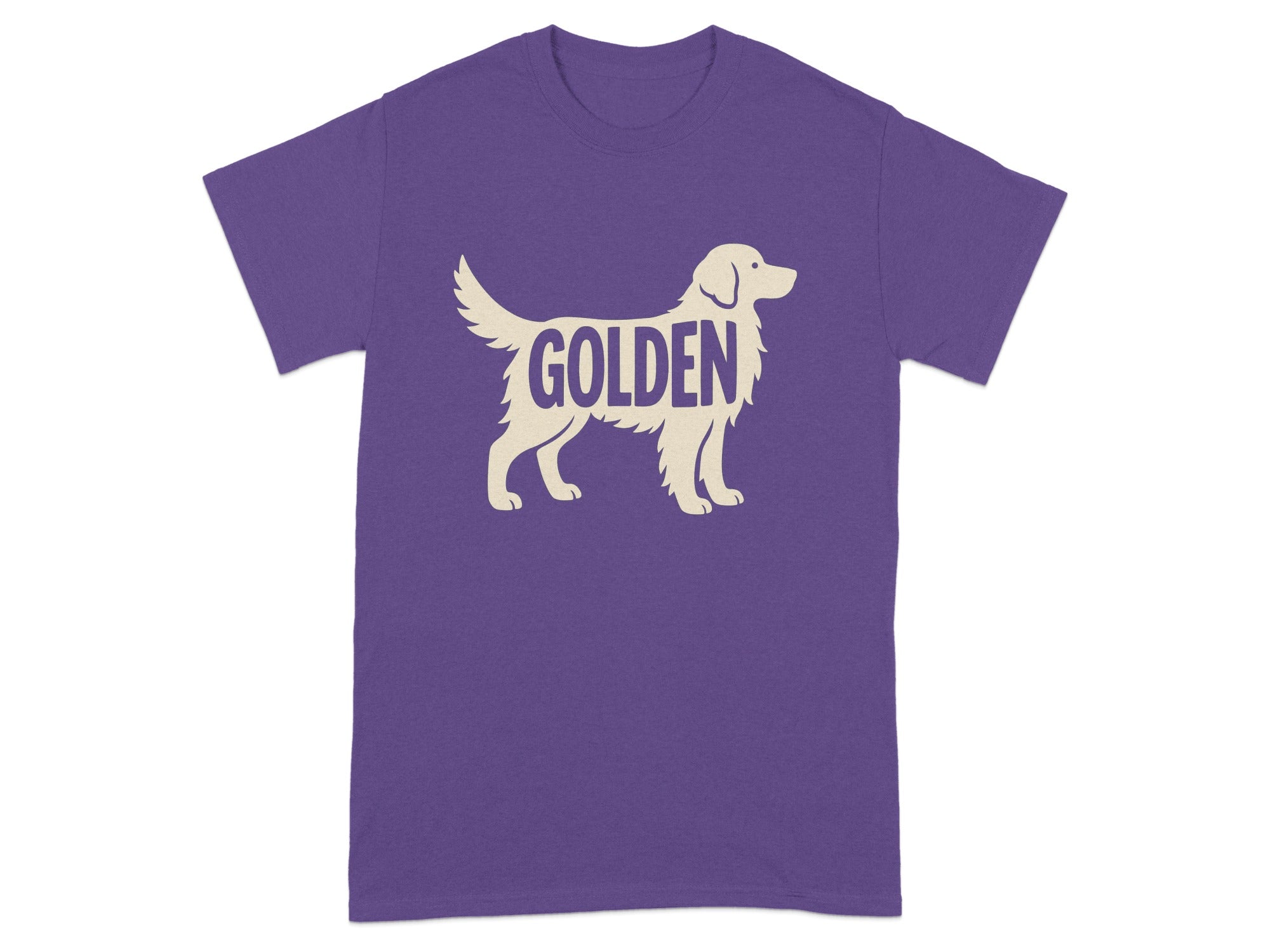 Purple t-shirt with Golden Retriever silhouette and text "GOLDEN".