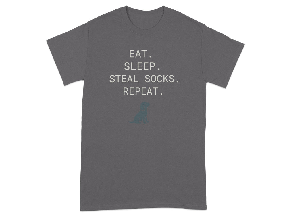 Gray t-shirt with "EAT. SLEEP. STEAL SOCKS. REPEAT." text and dog silhouette.