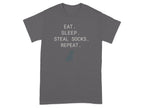Gray t-shirt with "EAT. SLEEP. STEAL SOCKS. REPEAT." text and dog silhouette.
