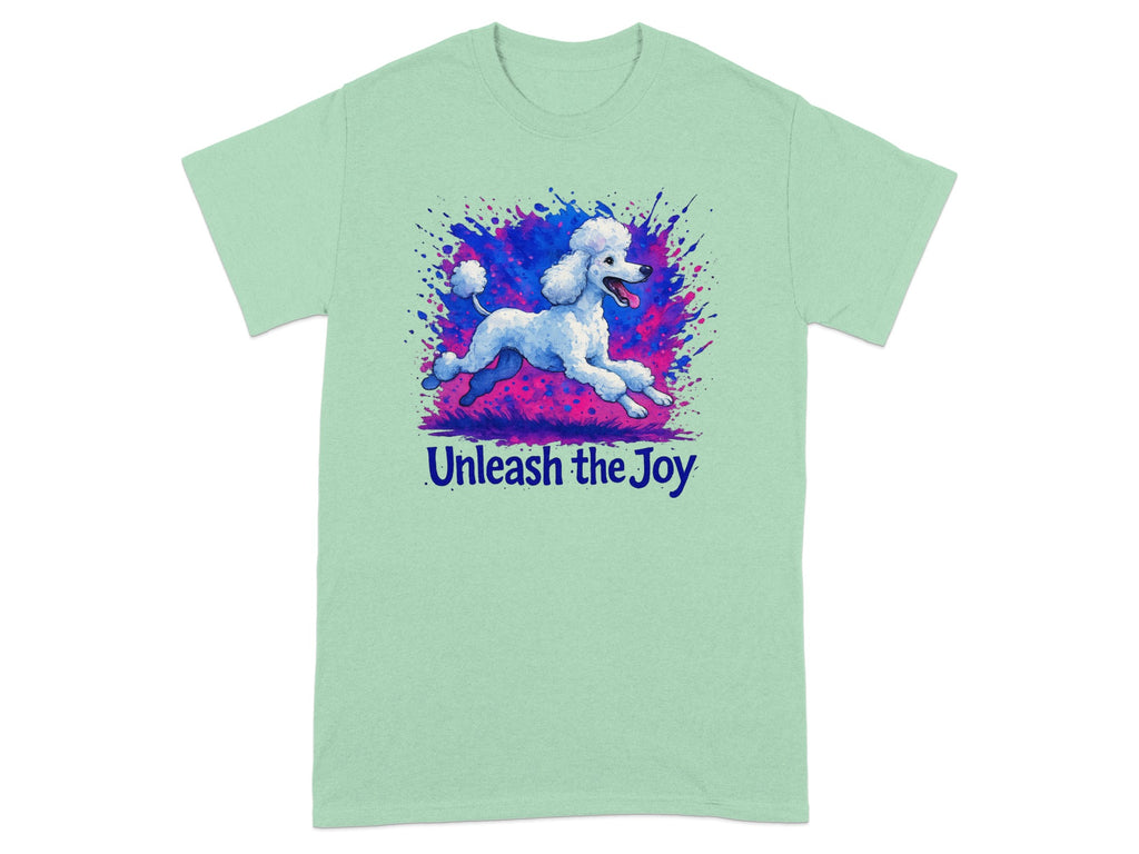 Mint green t-shirt with white poodle mid-leap and "Unleash the Joy" text.
